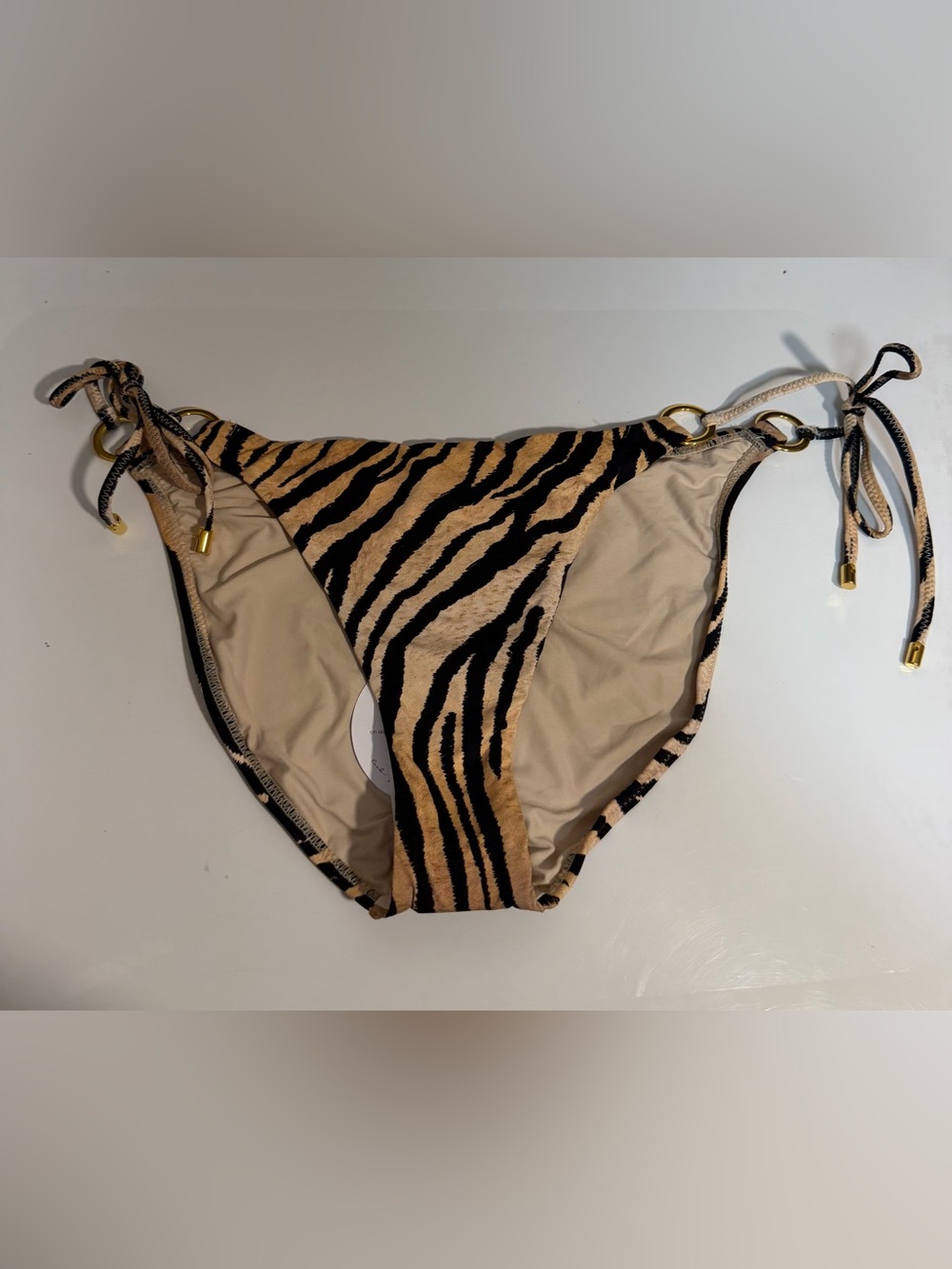 PQ Swim Cleo Zebra Print Link Tie Side Full Bikini Bottom M NWT Gold Rings $76